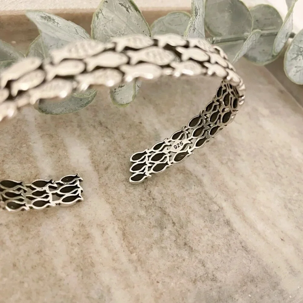 925 Sterling Silver Cuff Bracelet School of Fish Bracelet Modern Silver Bangle